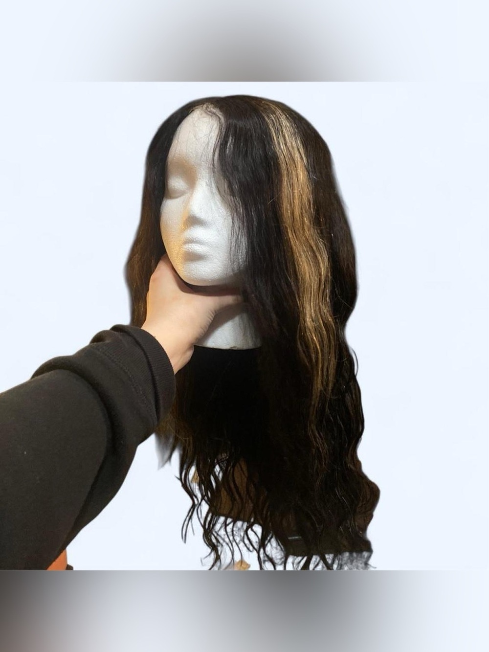Beautiful black precut lace front human hair wavy wig w blonde pieces on sides